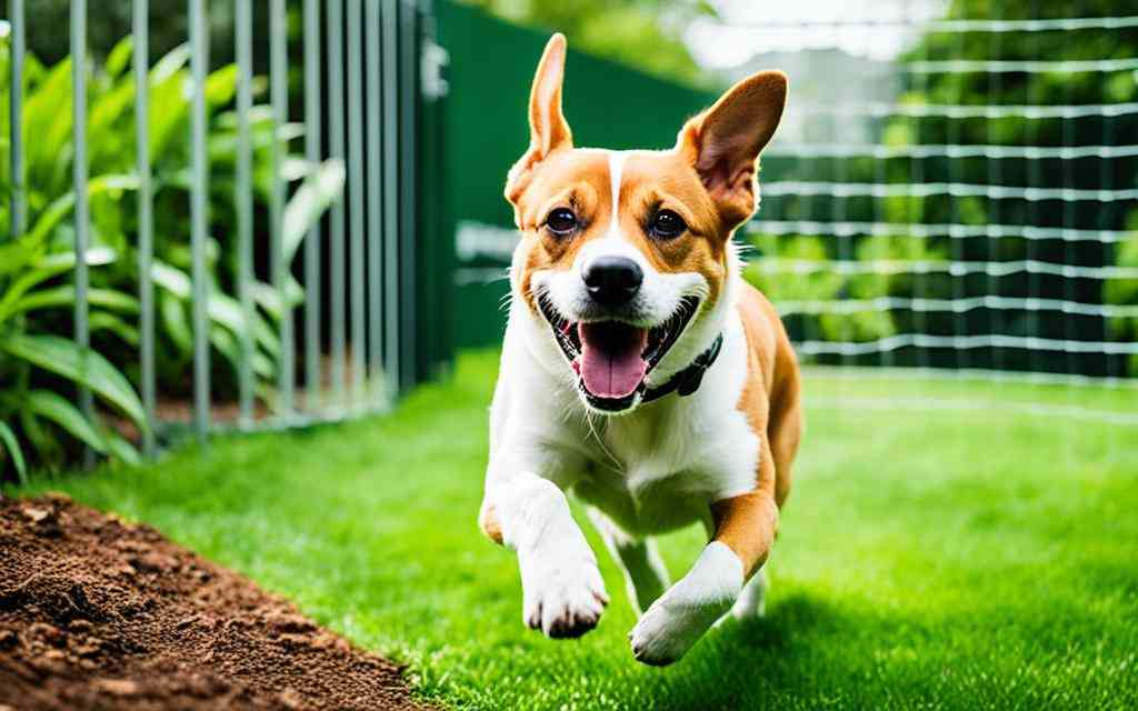 Un beagle énergique, à la robe tricolore, capturé en pleine course, semble sourire à la caméra, avec une clôture verte à lames verticales d'un côté et une clôture à mailles de l'autre, mettant en lumière l'espace sécurisé et joyeux pour les chiens.