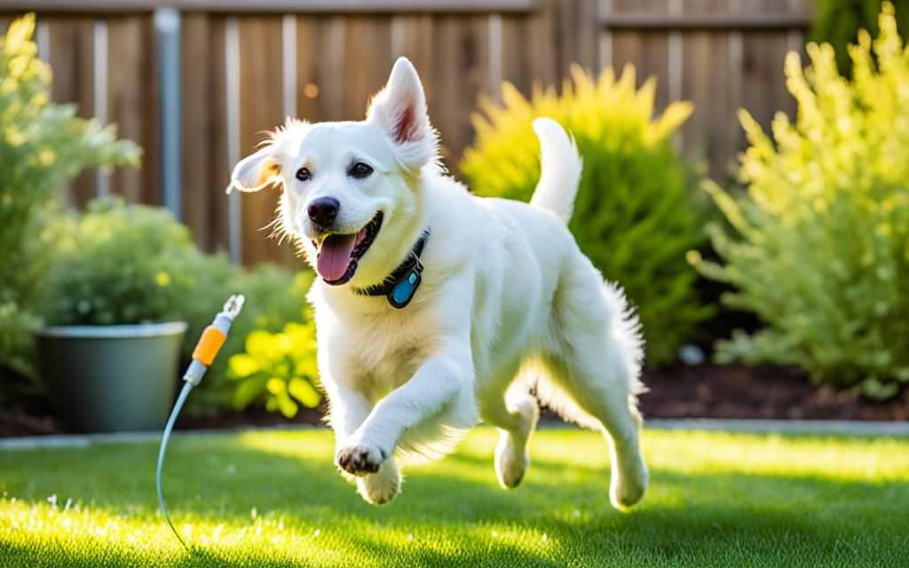 Un chiot blanc dynamique saute joyeusement dans un jardin, un sourire contagieux sur le visage, avec une clôture en bois et des plantes en arrière-plan