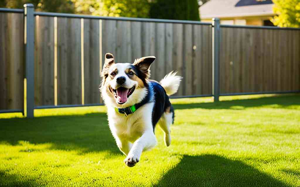Un Border Collie heureux et énergique, au poil noir, blanc et marron, court sur une pelouse impeccable, avec une clôture en bois de couleur grise en arrière-plan, symbolisant un environnement de jeu sûr et joyeux pour le chien.