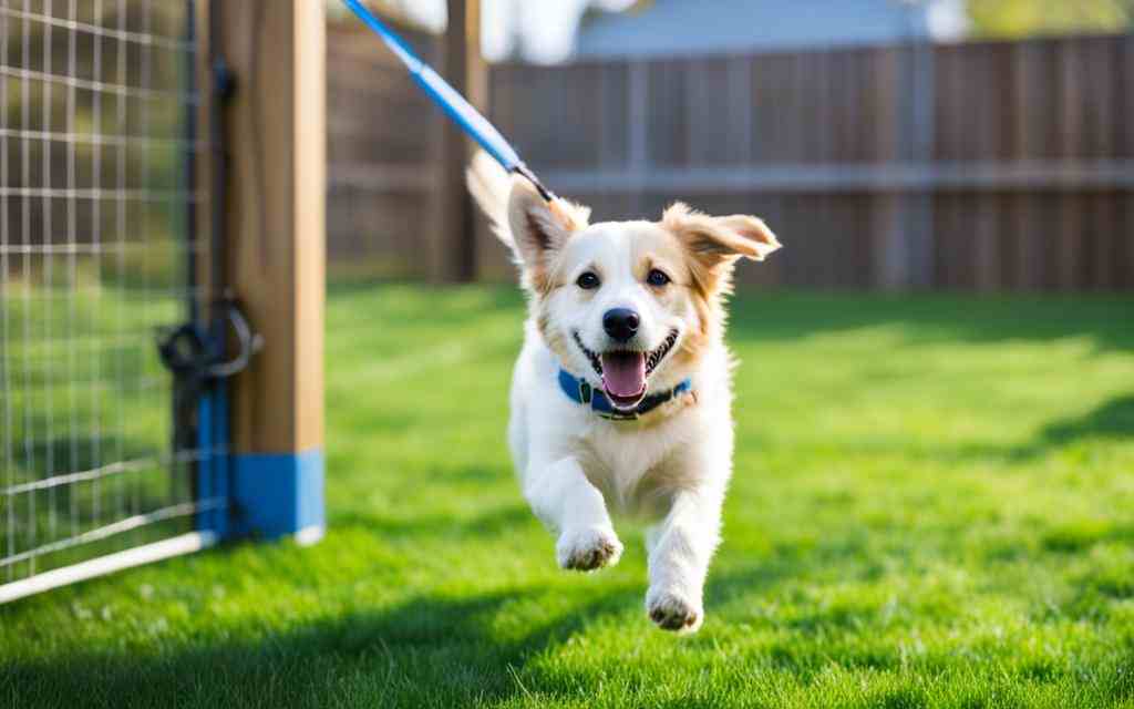 Un chien joyeux, au pelage clair et au collier bleu, court sur l'herbe verte avec une laisse tenue hors du cadre, une clôture en grille et un piquet en bois à l'arrière-plan, dans une cour résidentielle bien entretenue.