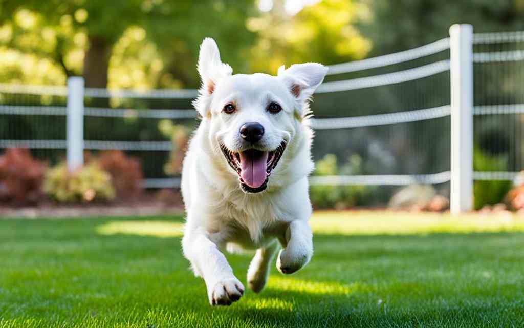 Un chien blanc joyeux, la langue pendante et les oreilles au vent, court vers l'objectif, avec une clôture blanche flexible à l'arrière-plan dans un jardin soigné, reflétant la sécurité et le plaisir offerts par des espaces extérieurs bien délimités pour les animaux de compagnie.