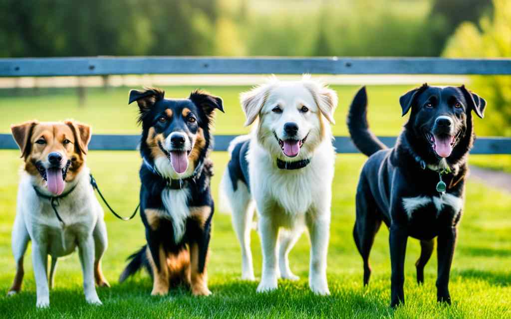 Quatre chiens variés se tiennent côte à côte dans une herbe verte, des langues pendantes, avec une clôture en bois floue en arrière-plan.