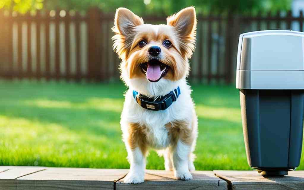 Un petit chien à poil long, blanc avec des taches marron, arbore un large sourire, à côté d'un dispositif de clôture pour chien, avec une clôture en bois traditionnelle floue à l'arrière-plan dans une cour lumineuse et verdoyante.