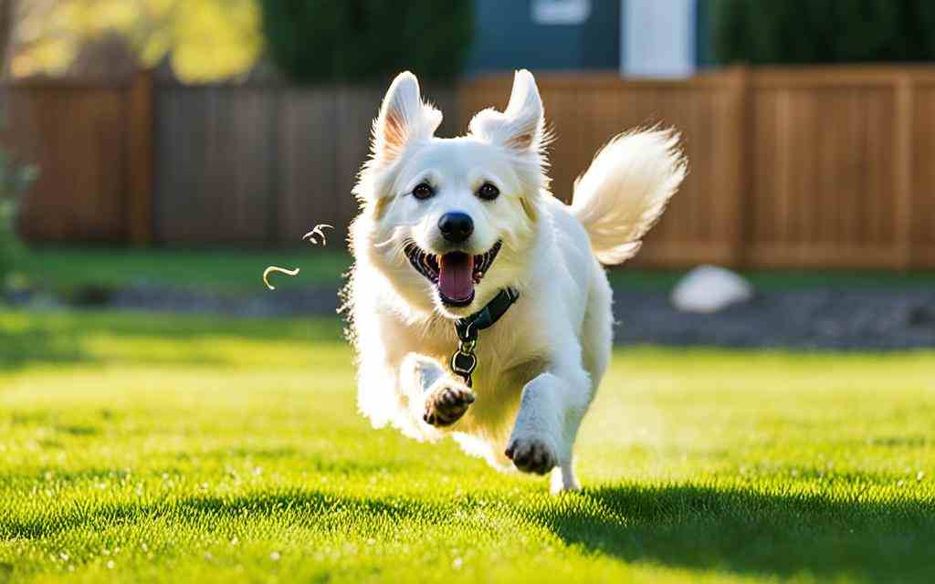 Un chien blanc exubérant, les oreilles dans le vent et la queue flottante, galope sur un gazon vert éclatant, avec une clôture en bois à l'arrière-plan, évoquant un espace de jeu protégé et accueillant pour les compagnons canins.
